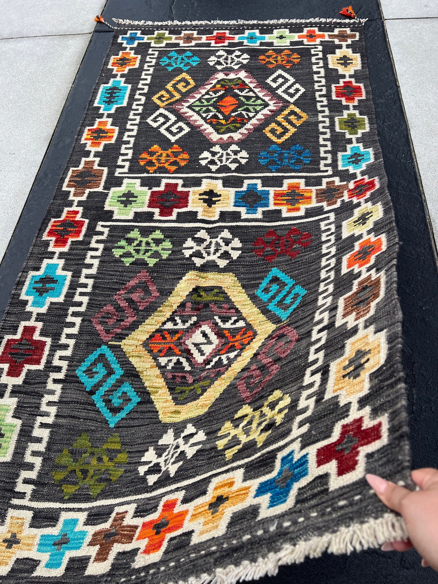 3x7~4x7 Handmade Afghan Kilim Rug | Charcoal Grey Ivory Cream Fire Orange Red Blue Yellow Maroon Green | Flatweave Flatwoven Persian Wool