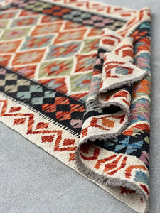 3x7 (100x200) Handmade Afghan Kilim Runner Rug | Ivory Cream Burnt Orange Black Pink Red Blue Grey Green | Flatweave Flat Woven Outdoor Wool