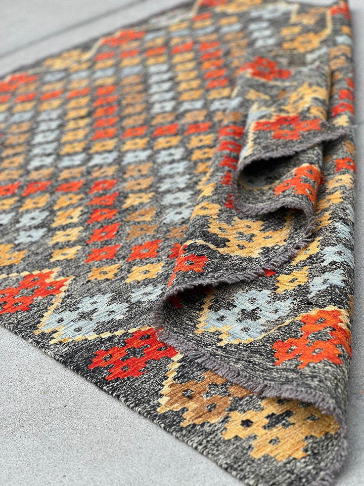 5x7 Handmade Afghan Kilim Rug | Grey Caramel Brown Burnt Fire Orange Blue | Flatweave Flat Woven Oushak Persian Bohemian Oriental Outdoor