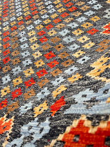 5x7 Handmade Afghan Kilim Rug | Grey Caramel Brown Burnt Fire Orange Blue | Flatweave Flat Woven Oushak Persian Bohemian Oriental Outdoor