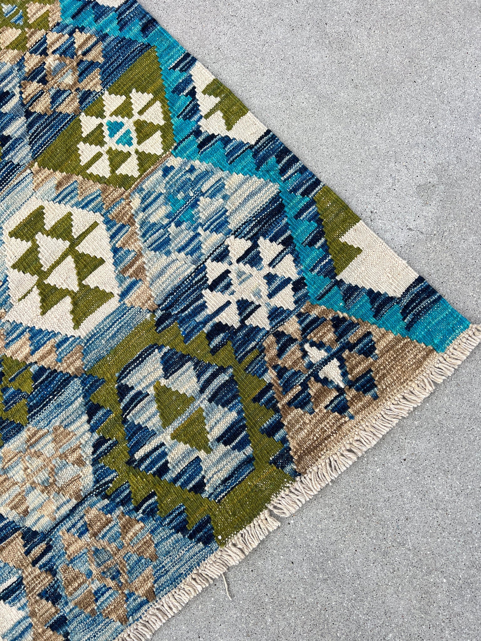 4x7 (120x215) Handmade Afghan Kilim Rug | Sky Denim Blue Ivory Tan Brown Olive Green | Flatweave Flat Woven Persian Geometric Wool Outdoor