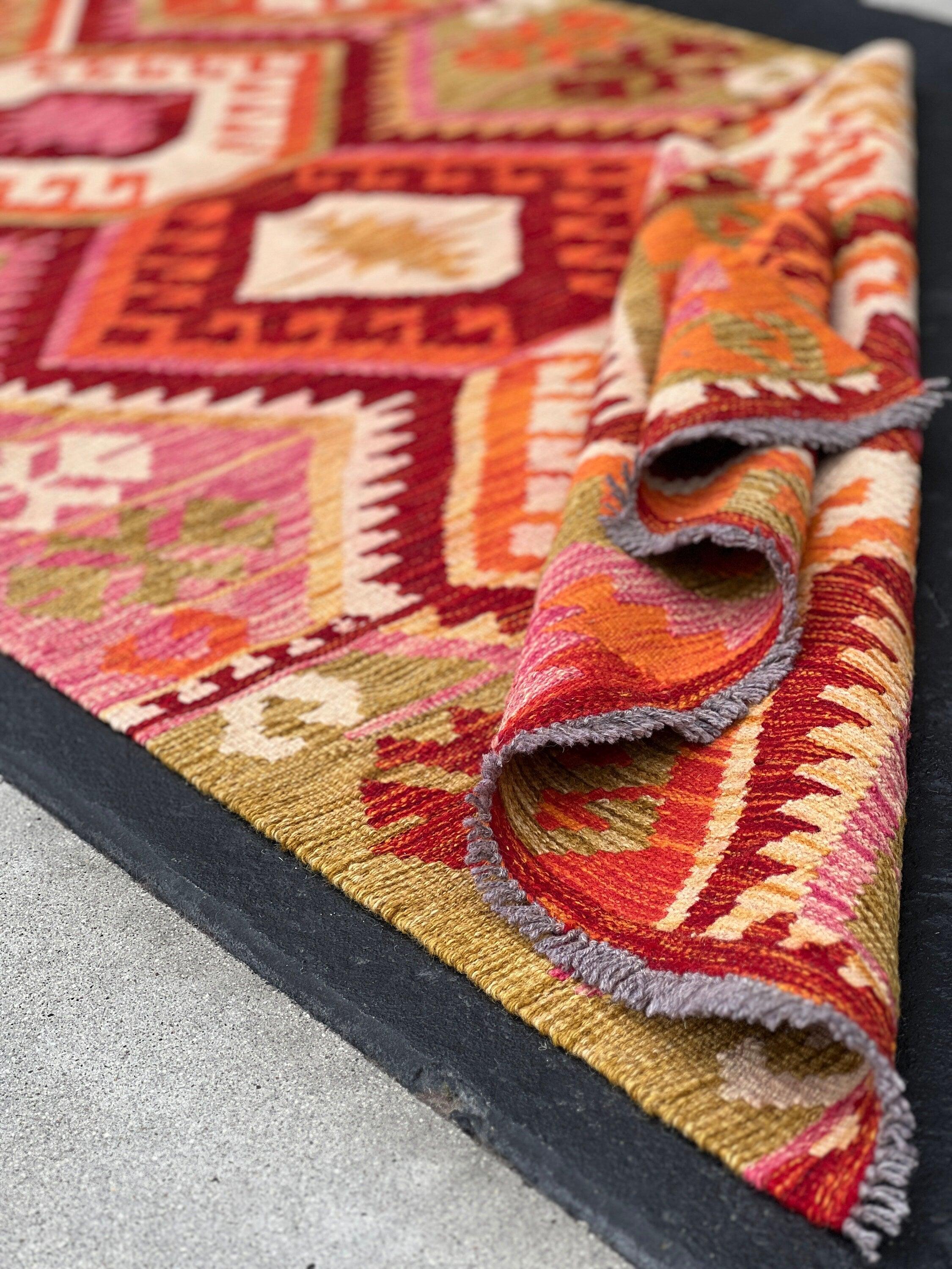 5x7 Handmade Afghan Kilim Rug | Burnt Fire Orange Mustard Yellow Rose Pink Beige Red Ivory White | Flatweave Flat Woven Geometric Outdoor