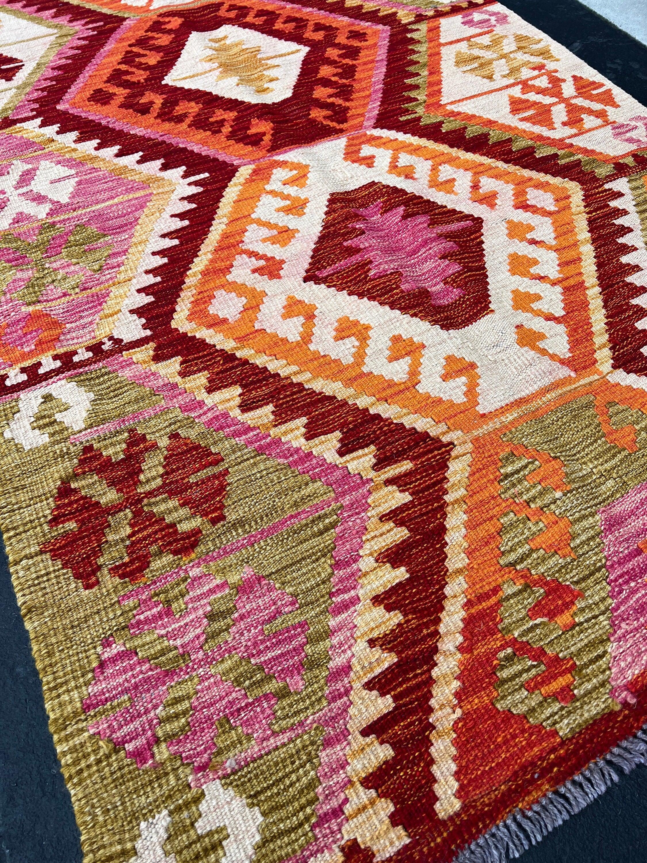 5x7 Handmade Afghan Kilim Rug | Burnt Fire Orange Mustard Yellow Rose Pink Beige Red Ivory White | Flatweave Flat Woven Geometric Outdoor