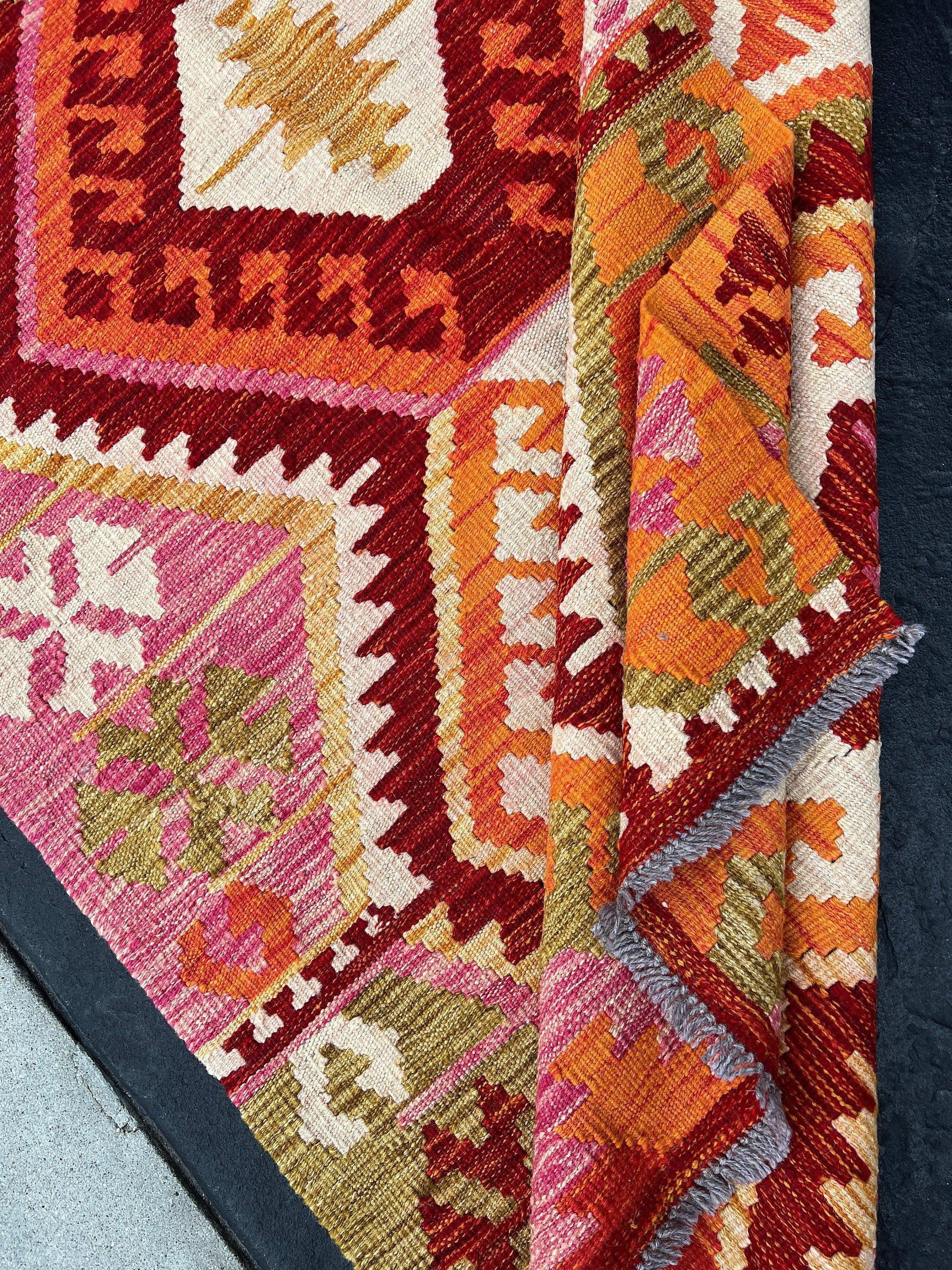 5x7 Handmade Afghan Kilim Rug | Burnt Fire Orange Mustard Yellow Rose Pink Beige Red Ivory White | Flatweave Flat Woven Geometric Outdoor