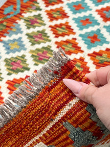 3x8 (90x245) Handmade Afghan Kilim Runner Rug | Burnt Orange Teal Turquoise 0live Green Yellow Ivory Cream Blue | Flatweave Geometric Wool