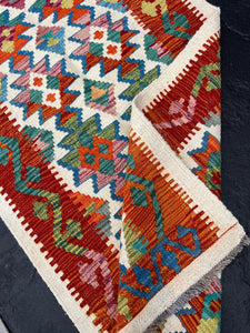3x7 (100x200) Handmade Afghan Kilim Runner Rug | Ivory Cream Burnt Orange Crimson Red Turquoise Blue Olive Green | Flatweave Wool Turkish