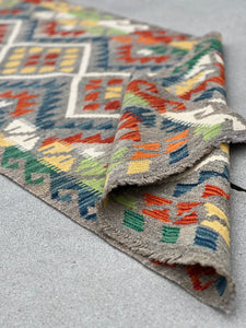 3x7 (100x200) Handmade Afghan Kilim Runner Rug | Grey Blue Green Ivory White Yellow | Flatweave Flat Woven Geometric Persian Wool Outdoor