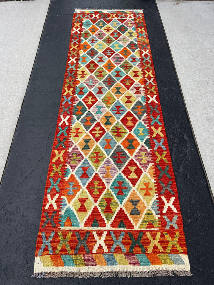 3x8 (90x245) Handmade Afghan Kilim Runner Rug | Burnt Red Orange Mustard Baby Blue Teal Ivory Green Mauve | Flatweave Woven Outdoor