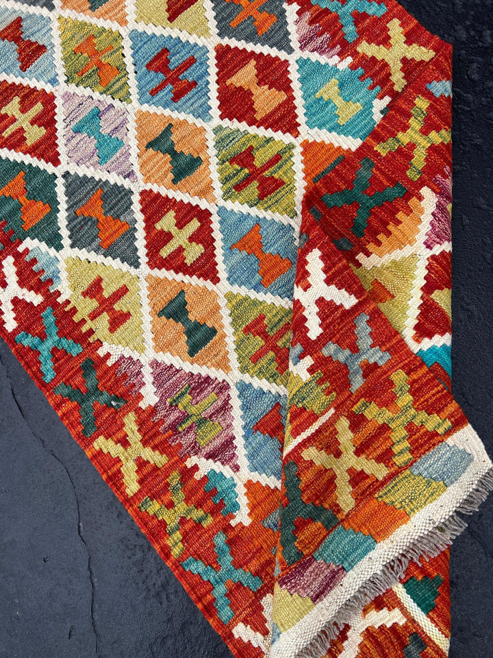 3x8 (90x245) Handmade Afghan Kilim Runner Rug | Burnt Red Orange Mustard Baby Blue Teal Ivory Green Mauve | Flatweave Woven Outdoor