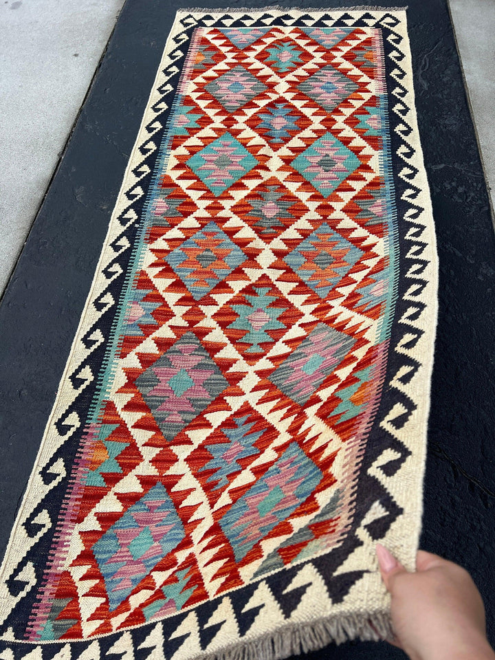 3x7 (100x200) Handmade Afghan Kilim Runner Rug | Ivory Cream Beige Burnt Orange Pink Grey Turquoise Black | Flatweave Flat Woven Outdoor