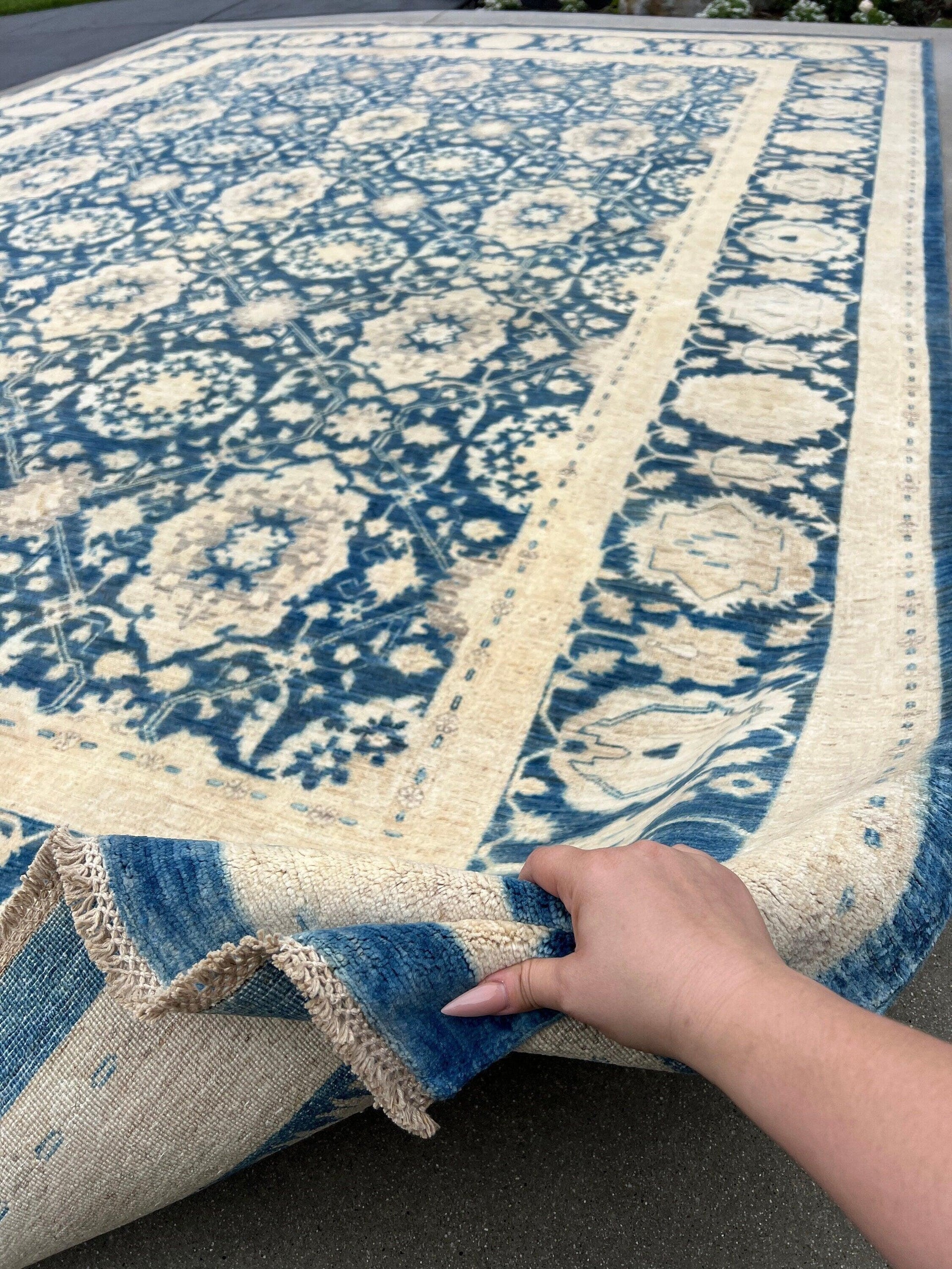 10x14 Handmade Afghan Rug | Denim Blue Cream Beige Gold Ivory Light Grey Brown | Turkish Oushak Boho Hand Knotted Persian Heriz Serapi