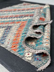 3x5 (120x150) Handmade Afghan Kilim Rug | Grey Ivory Cream Beige Turquoise Denim Blue Burnt Orange Blood Red | Flatweave Outdoor Wool