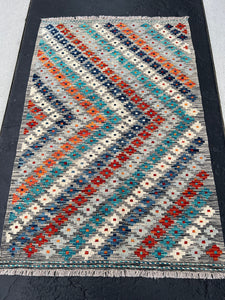 3x5 (120x150) Handmade Afghan Kilim Rug | Grey Ivory Cream Beige Turquoise Denim Blue Burnt Orange Blood Red | Flatweave Outdoor Wool
