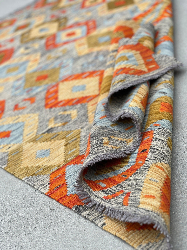 4x7 (120x215) Handmade Afghan Kilim Rug | Grey Burnt Fire Orange Light Blue Golden Brown Flatweave Flatwoven Persian Bohemian Geometric Wool