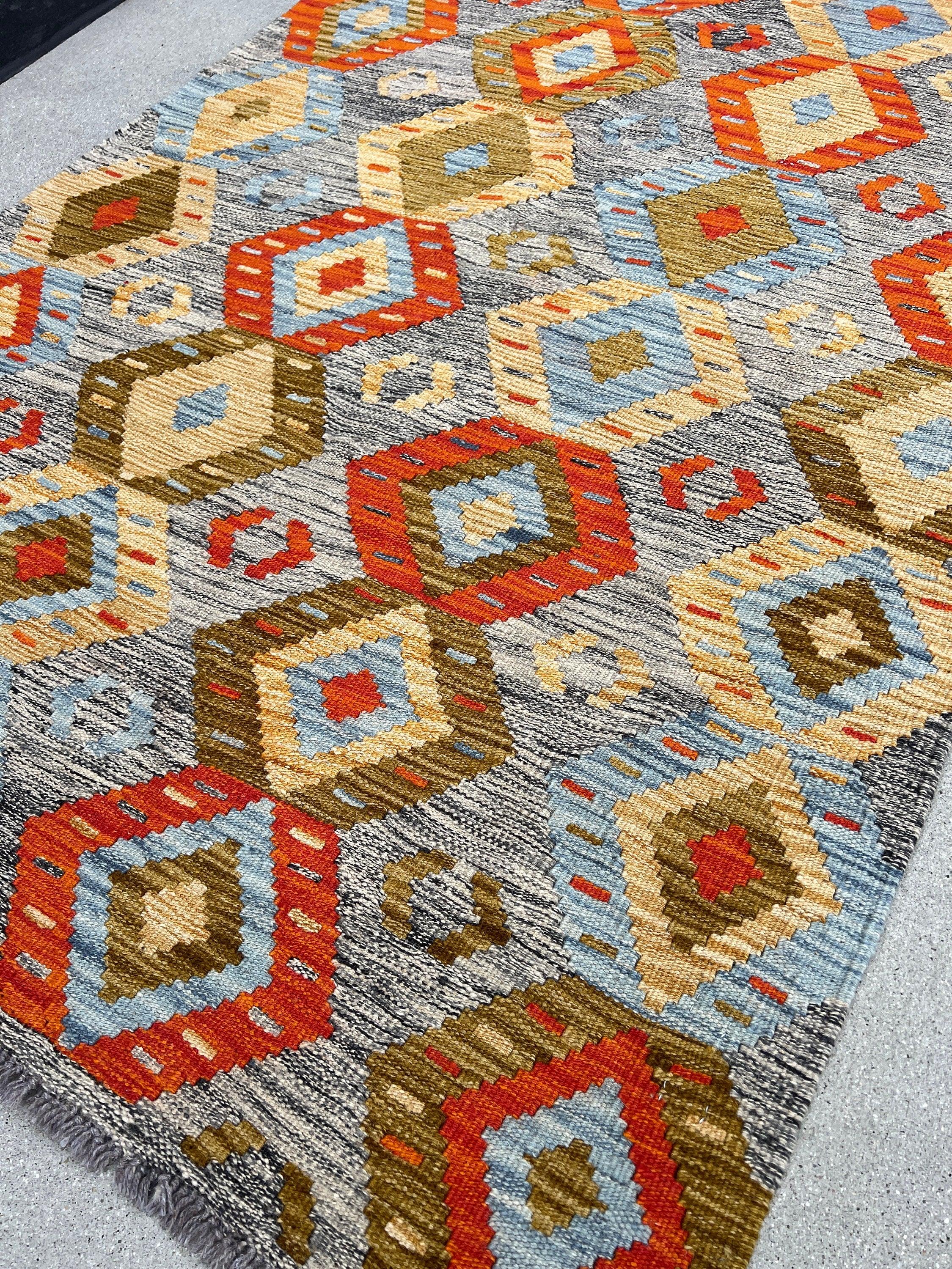 4x7 (120x215) Handmade Afghan Kilim Rug | Grey Burnt Fire Orange Light Blue Golden Brown Flatweave Flatwoven Persian Bohemian Geometric Wool