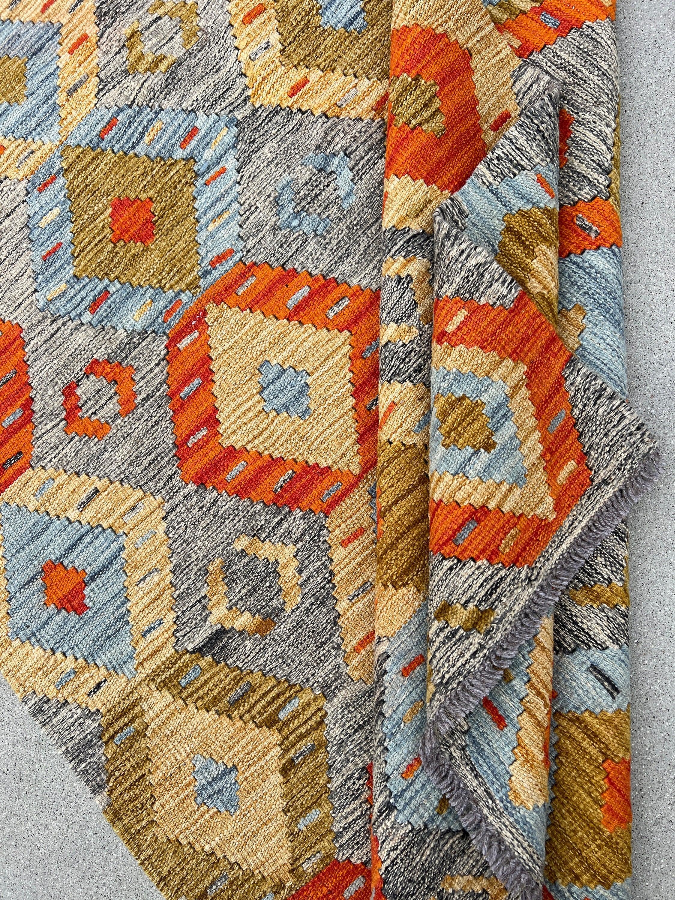 4x7 (120x215) Handmade Afghan Kilim Rug | Grey Burnt Fire Orange Light Blue Golden Brown Flatweave Flatwoven Persian Bohemian Geometric Wool