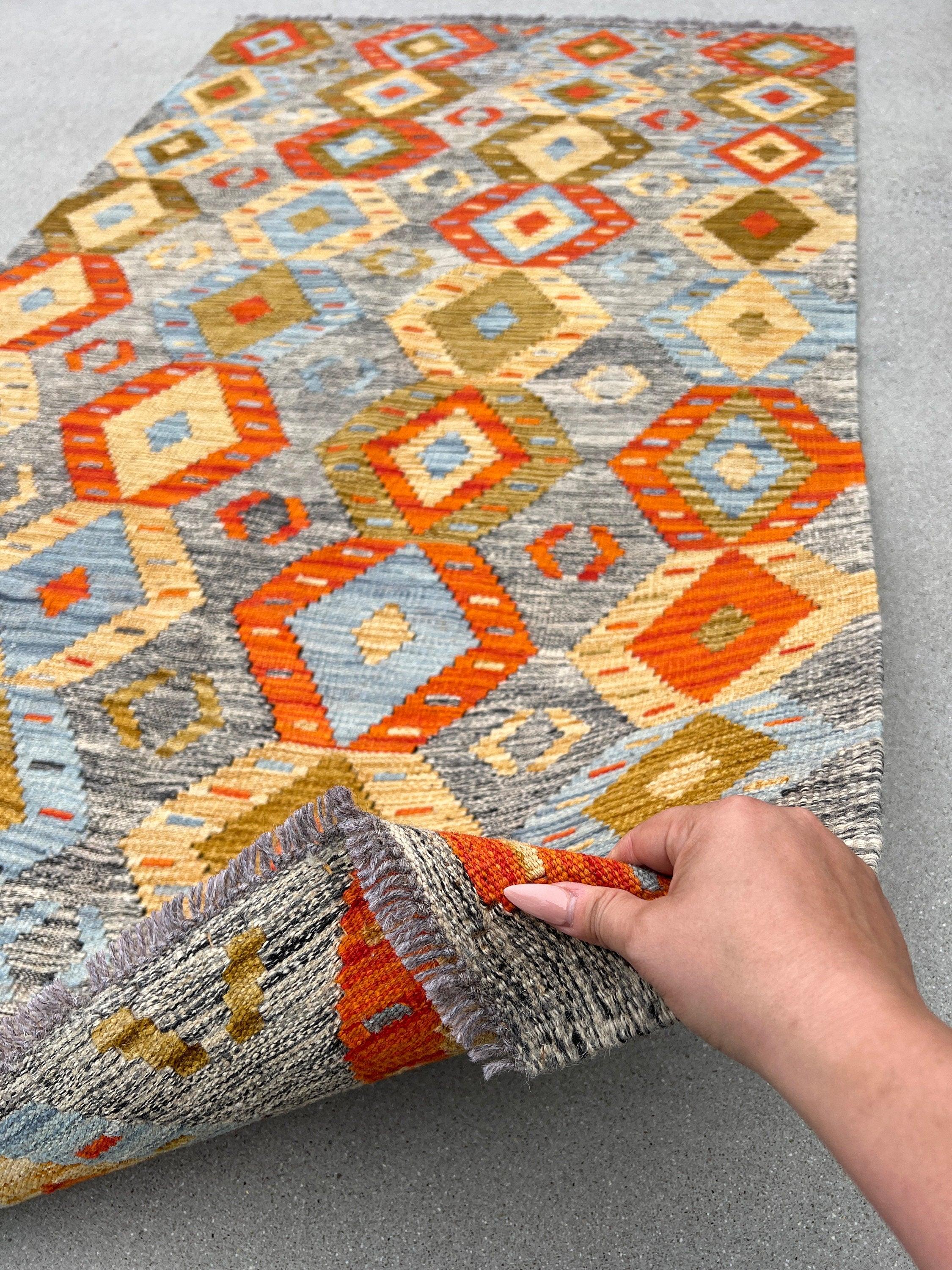 4x7 (120x215) Handmade Afghan Kilim Rug | Grey Burnt Fire Orange Light Blue Golden Brown Flatweave Flatwoven Persian Bohemian Geometric Wool