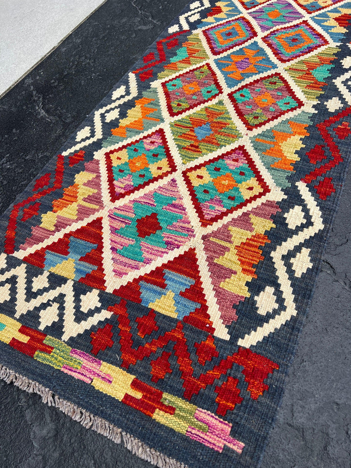 2x7 Handmade Afghan Kilim Runner Rug | Navy Blue Burnt Orange Turquoise Teal Blue Pink Purple Wine Red Olive Green Ivory | Flatweave Outdoor