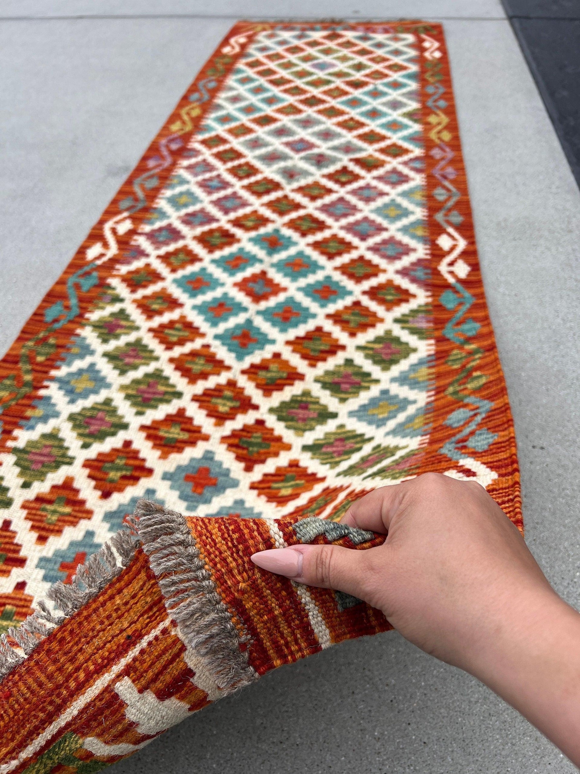 3x8 (90x245) Handmade Afghan Kilim Runner Rug | Burnt Orange Teal Turquoise 0live Green Yellow Ivory Cream Blue | Flatweave Geometric Wool