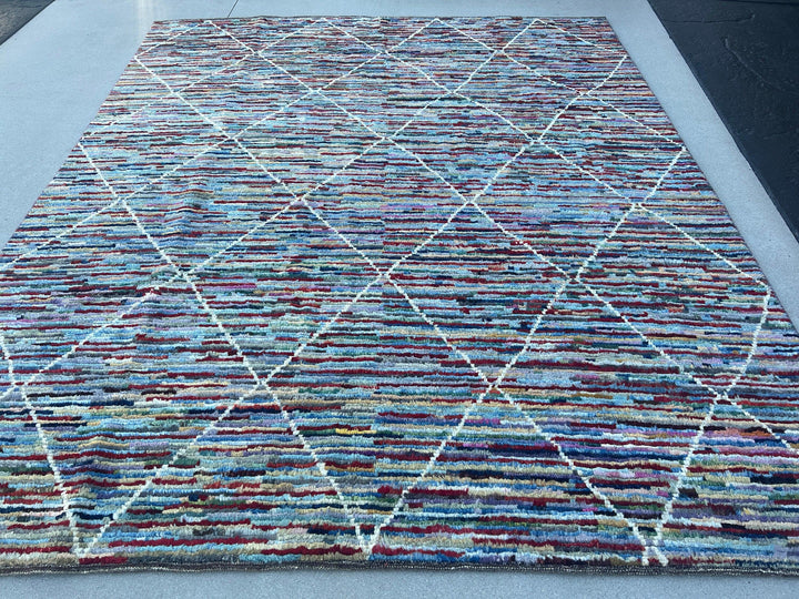 8x10 Handmade Afghan Moroccan Rug | Colorful Purple Blue Red Burnt Orange Grey Brown Beige Black Green Ivory | Berber Beni Plush Tufted Wool