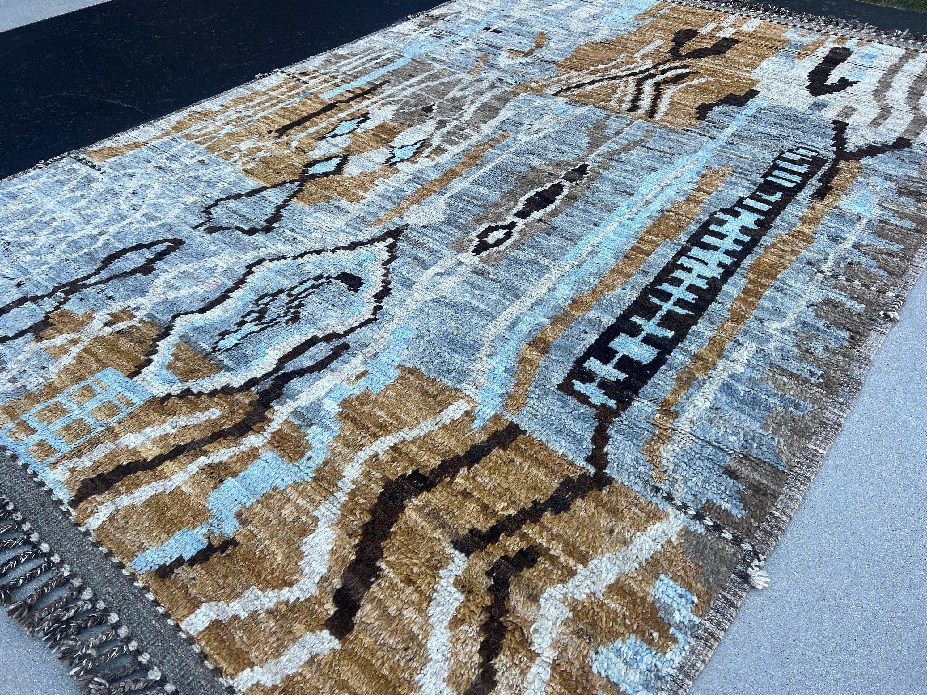 7x11 Handmade Afghan Moroccan Rug | Tan Coffee Brown Grey Black Light Sky Blue Ivory Cream White | Berber Beni Plush Turkish Wool Oushak