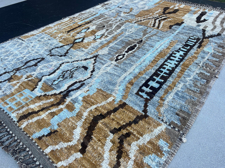 7x11 Handmade Afghan Moroccan Rug | Tan Coffee Brown Grey Black Light Sky Blue Ivory Cream White | Berber Beni Plush Turkish Wool Oushak