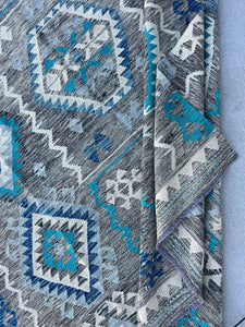 7x10 Handmade Afghan Kilim Rug | Grey Gray Denim Sky Light Blue Turquoise Ivory White | Flatweave Flat Woven Boho Bohemian Turkish Oushak