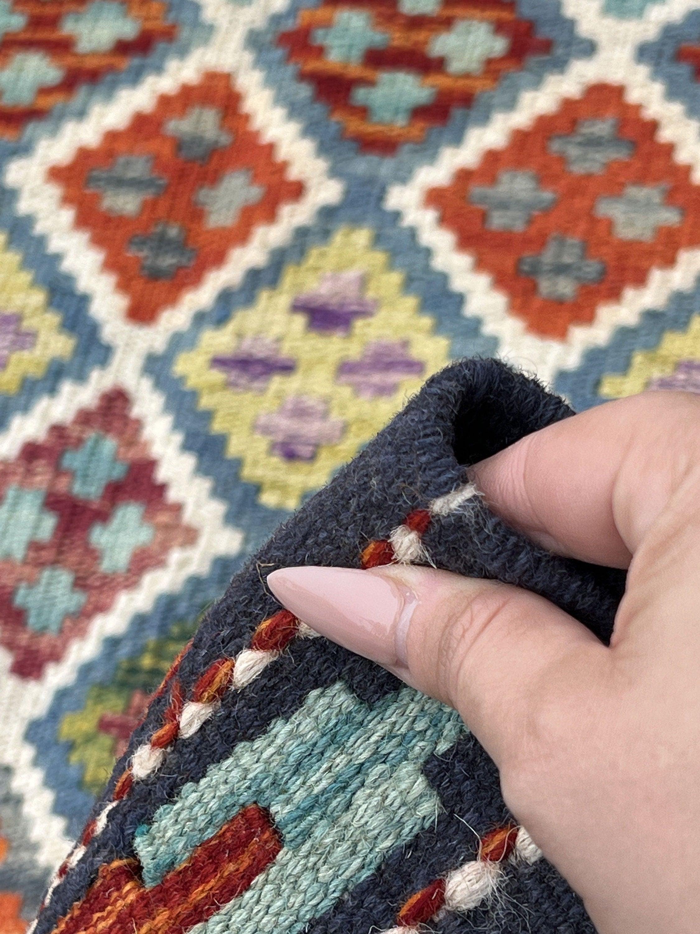 3x7 Handmade Afghan Kilim Runner Rug | Midnight Blue Blood Red Burnt Orange Ivory Turquoise Teal Olive Green Yellow Purple | Flatweave Wool