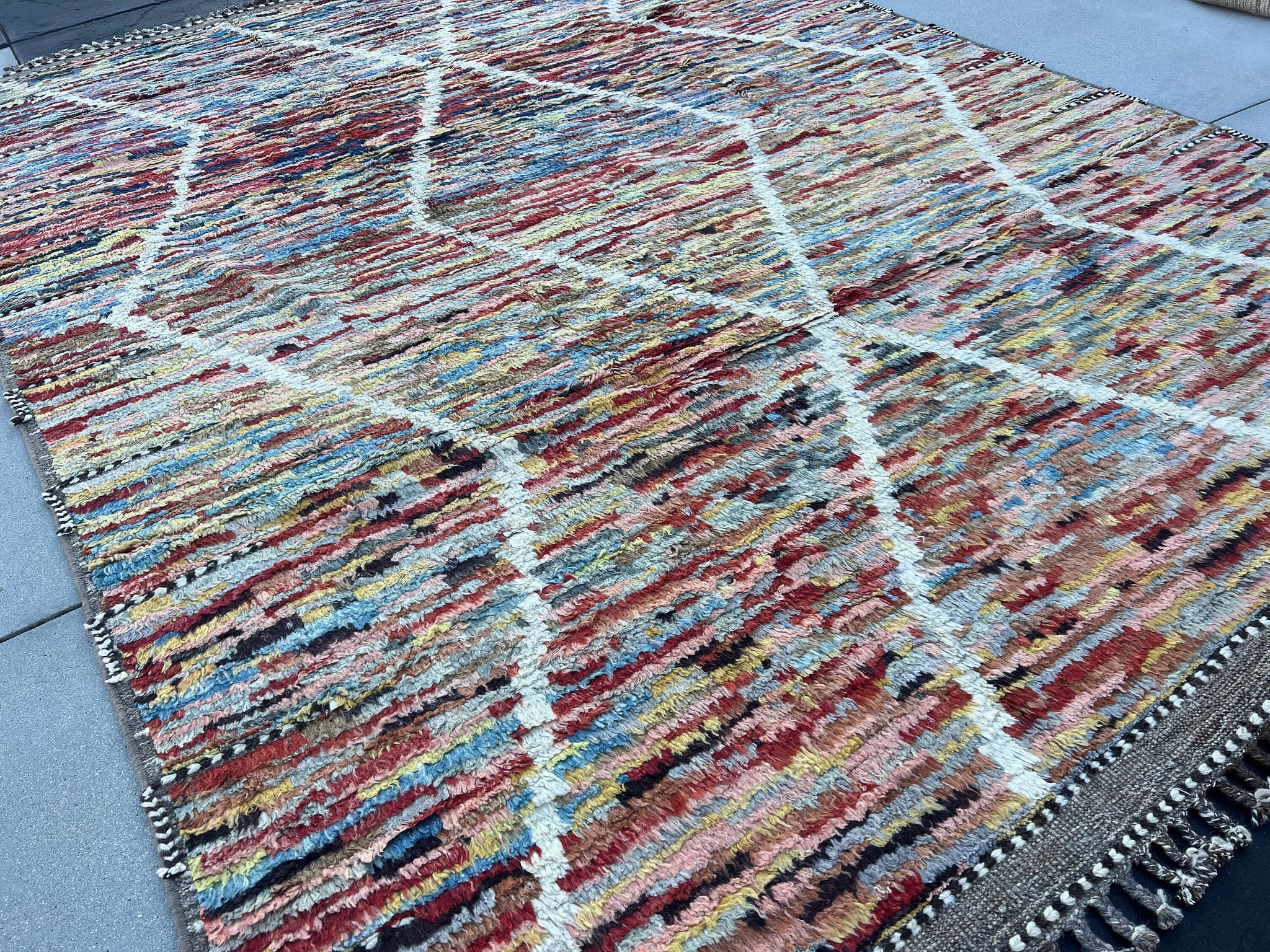 9x13 Handmade Afghan Moroccan Rug | Colorful Salmon Pink Blue Grey Yellow Ruby Red Brown White Olive Green | Berber Beni Plush Tufted Wool