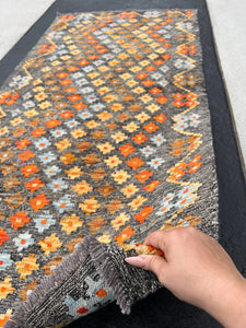 3x7 (110x215) Handmade Afghan Kilim Rug | Grey Caramel Brown Burnt Fire Orange Sky Blue | Flatweave Flat Woven Persian Oriental Outdoor