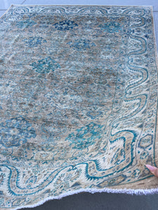 8x10 (245x305) Handmade Afghan Rug | Ivory Cream Turquoise Teal Blue Brown Beige Grey Turkish Oushak Wool Boho Persian Tribal Hand Knotted