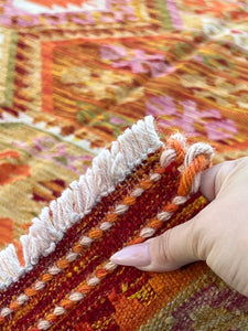 6x8 Handmade Afghan Kilim Rug | Orange Red Pink Olive Green White Golden Yellow | Flatweave Bohemian Flatwoven Wool Turkish Oushak Geometric