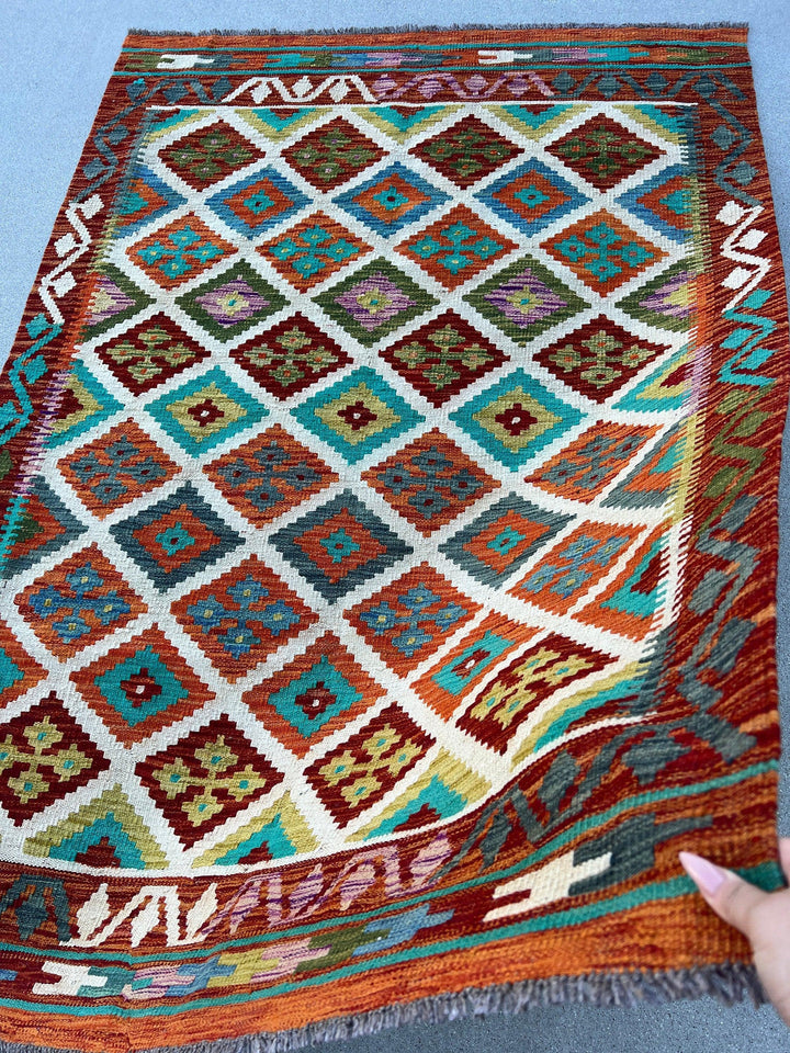 4x6 Handmade Afghan Kilim Rug | Burnt Orange Blue Turquoise Teal Olive Green White Purple | Flatweave Bohemian Flatwoven Geometric Persian