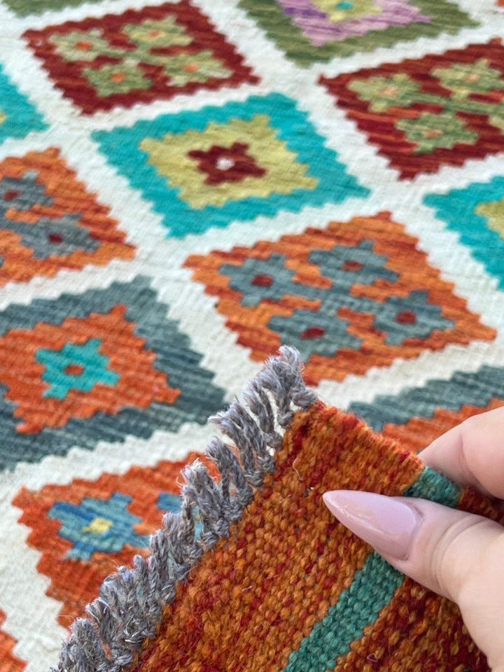 4x6 Handmade Afghan Kilim Rug | Burnt Orange Blue Turquoise Teal Olive Green White Purple | Flatweave Bohemian Flatwoven Geometric Persian