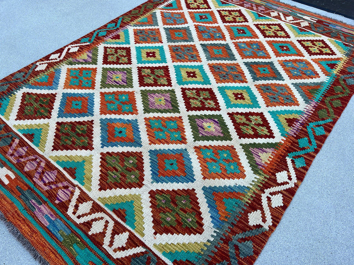 4x6 Handmade Afghan Kilim Rug | Burnt Orange Blue Turquoise Teal Olive Green White Purple | Flatweave Bohemian Flatwoven Geometric Persian