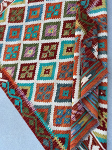 4x6 Handmade Afghan Kilim Rug | Burnt Orange Blue Turquoise Teal Olive Green White Purple | Flatweave Bohemian Flatwoven Geometric Persian