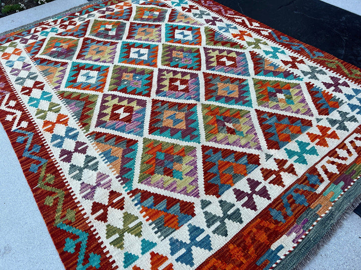 5x7 Handmade Afghan Kilim Rug | Burnt Coral Orange Eggplant Purple White blue Turquoise Teal Olive Green | Flatweave Flatwoven Geometric