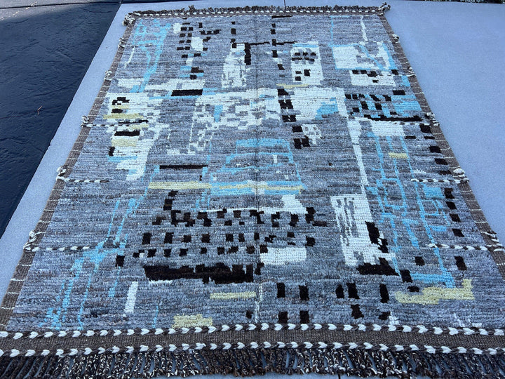 6x8 (180x245) Handmade Moroccan Afghan Rug | Grey Gray Sky Blue Cornsilk Yellow Black White Brown | Berber Beni Plush Ourain Turkish Wool