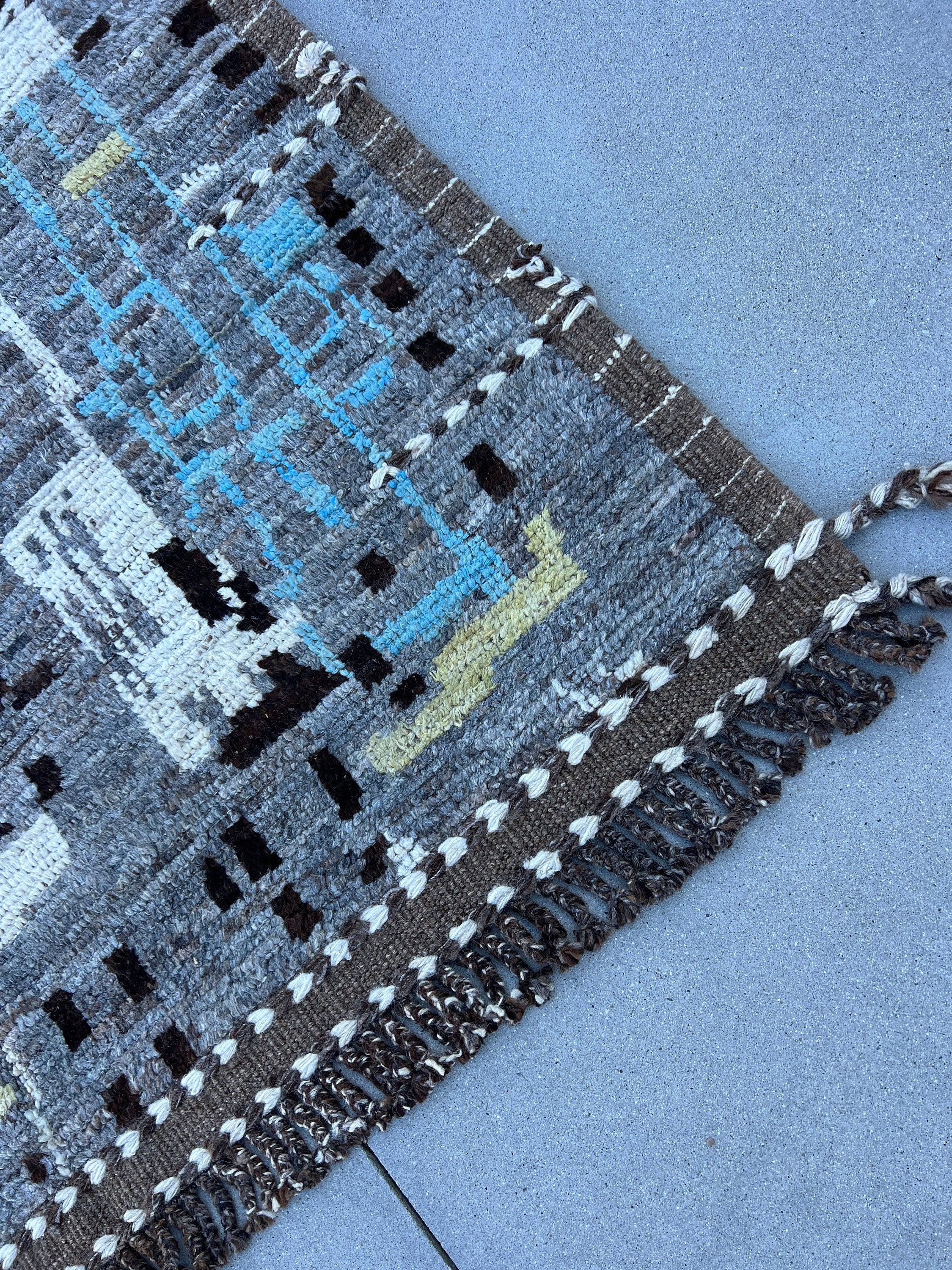 6x8 (180x245) Handmade Moroccan Afghan Rug | Grey Gray Sky Blue Cornsilk Yellow Black White Brown | Berber Beni Plush Ourain Turkish Wool