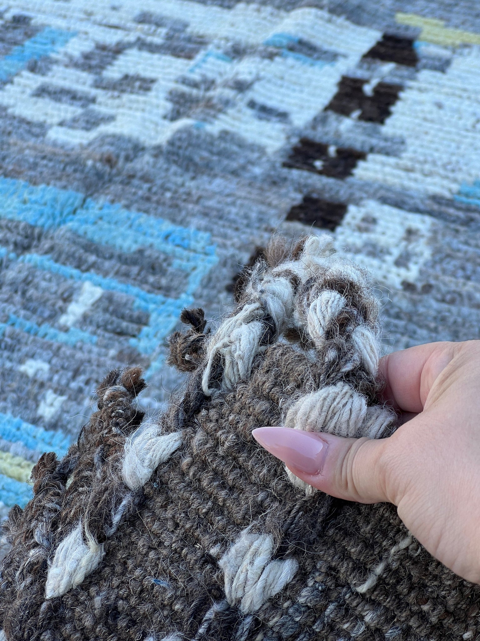 6x8 (180x245) Handmade Moroccan Afghan Rug | Grey Gray Sky Blue Cornsilk Yellow Black White Brown | Berber Beni Plush Ourain Turkish Wool