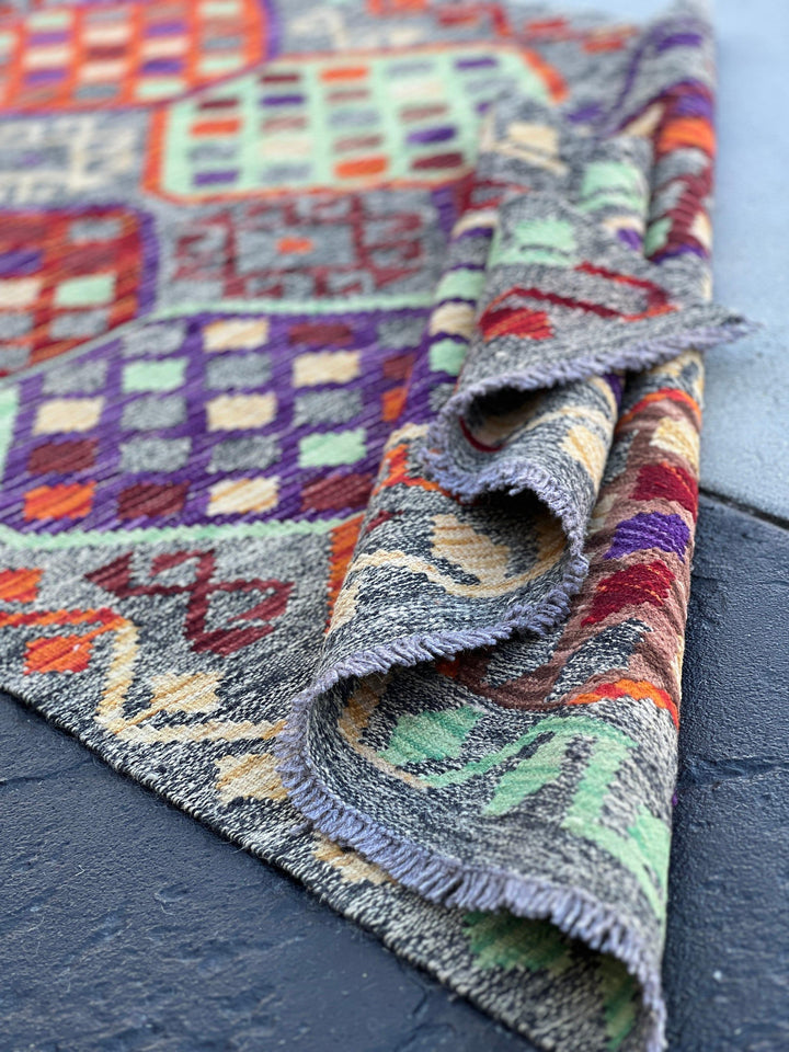 4x7 Handmade Afghan Kilim Rug | Grey Burnt Orange Red Mint Green Brown Purple Violet Brown Beige | Flatweave Bohemian Flatwoven Geometric