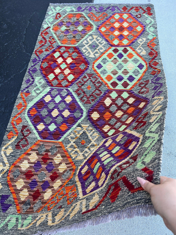 4x7 Handmade Afghan Kilim Rug | Grey Burnt Orange Red Mint Green Brown Purple Violet Brown Beige | Flatweave Bohemian Flatwoven Geometric