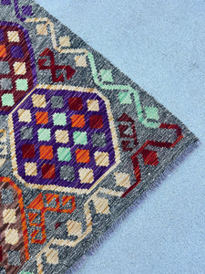 4x7 Handmade Afghan Kilim Rug | Grey Burnt Orange Red Mint Green Brown Purple Violet Brown Beige | Flatweave Bohemian Flatwoven Geometric