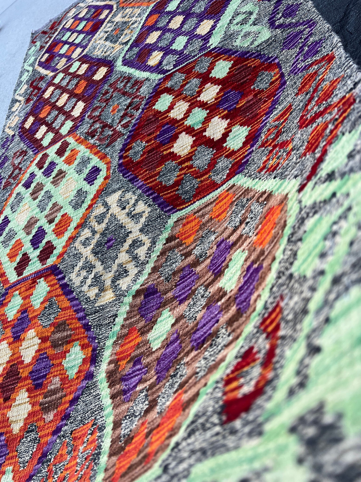 4x7 Handmade Afghan Kilim Rug | Grey Burnt Orange Red Mint Green Brown Purple Violet Brown Beige | Flatweave Bohemian Flatwoven Geometric