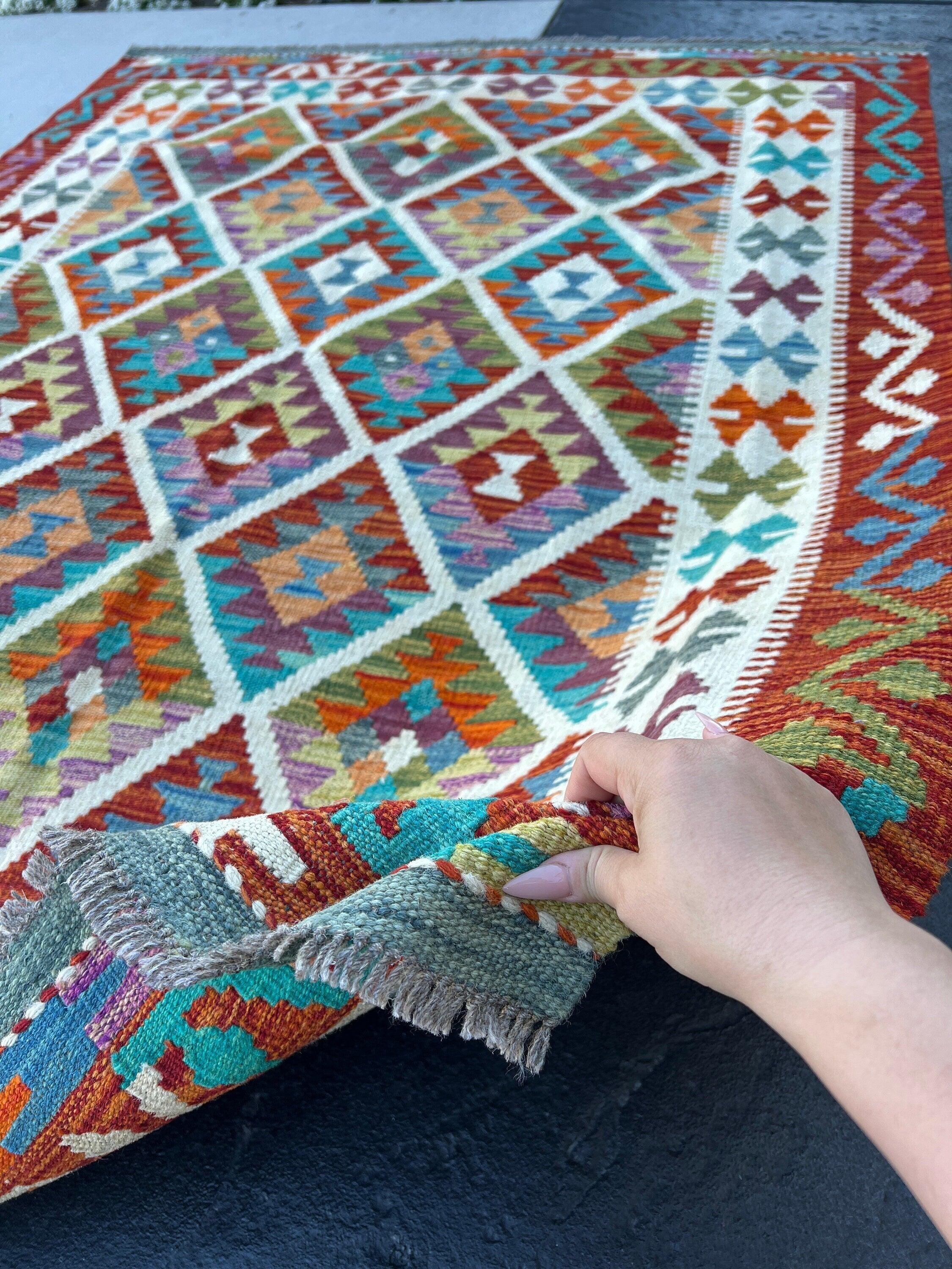 5x7 Handmade Afghan Kilim Rug | Burnt Coral Orange Eggplant Purple White blue Turquoise Teal Olive Green | Flatweave Flatwoven Geometric