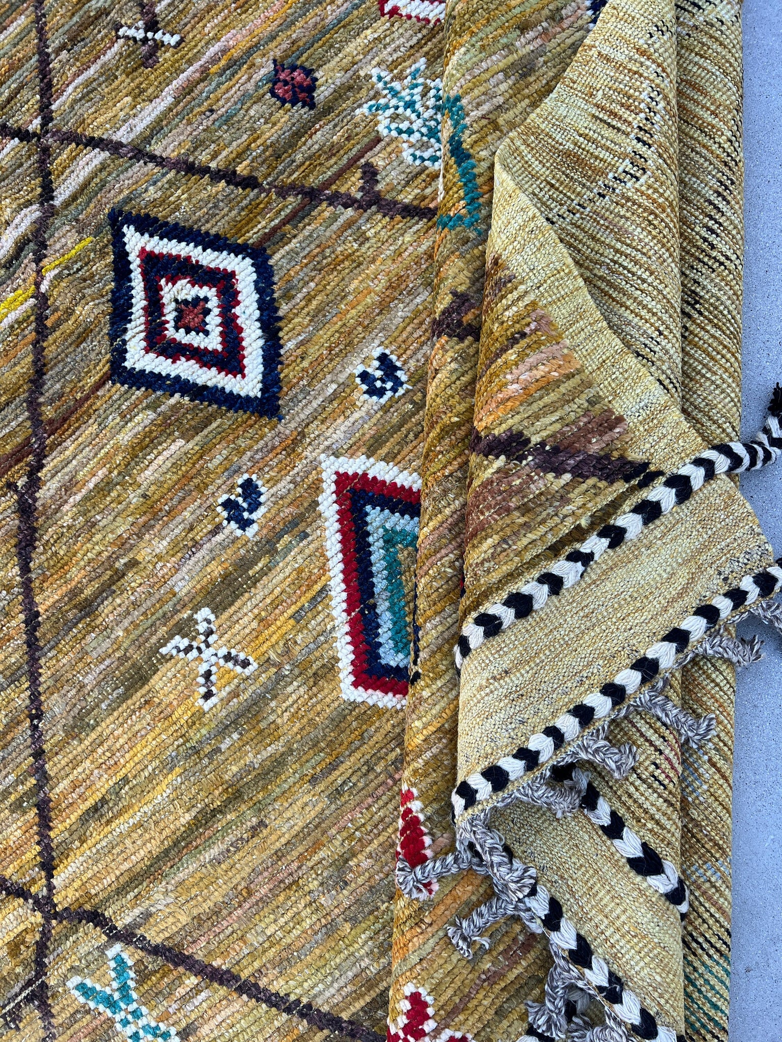 9x13 Handmade Afghan Moroccan Rug | Mustard Golden Yellow Brown Navy Blue Red White Teal Black | Berber Beni Mrirt Boujad Flokati Plush Wool