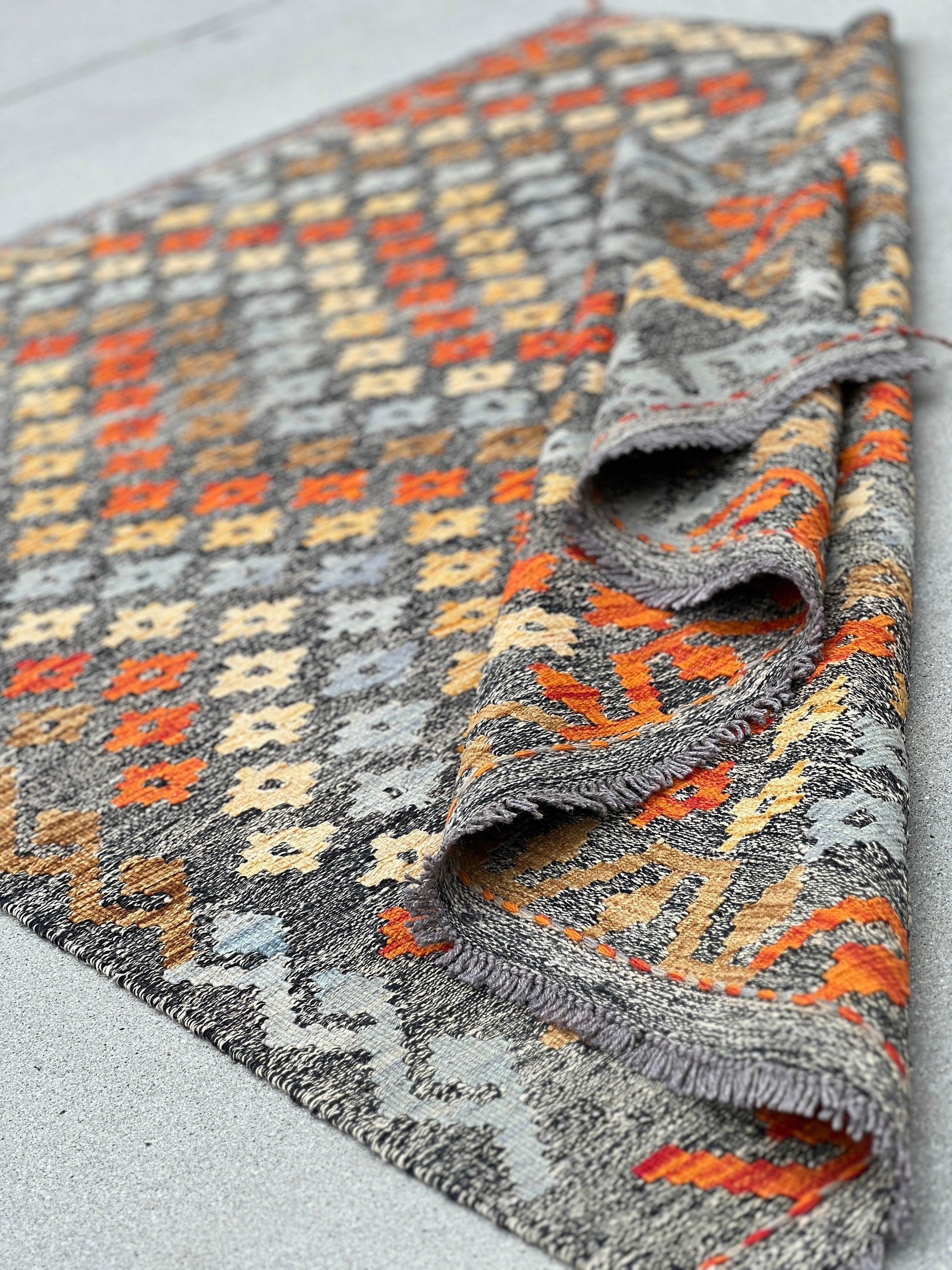 5x7 (110x215) Handmade Afghan Kilim Rug | Grey Caramel Brown Burnt Fire Orange Blue | Flatweave Flat Woven Oushak Persian Oriental Outdoor