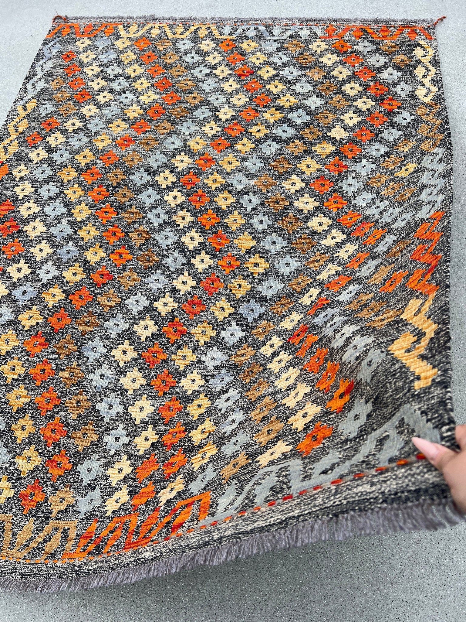 5x7 (110x215) Handmade Afghan Kilim Rug | Grey Caramel Brown Burnt Fire Orange Blue | Flatweave Flat Woven Oushak Persian Oriental Outdoor