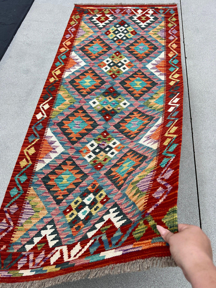 3x7 Handmade Afghan Kilim Runner Rug | Burnt Orange Prussian Sky Denim Blue White Purple Wine Red Caramel Brown Olive Green | Flatweave Wool