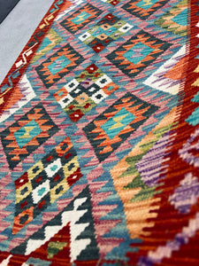 3x7 Handmade Afghan Kilim Runner Rug | Burnt Orange Prussian Sky Denim Blue White Purple Wine Red Caramel Brown Olive Green | Flatweave Wool